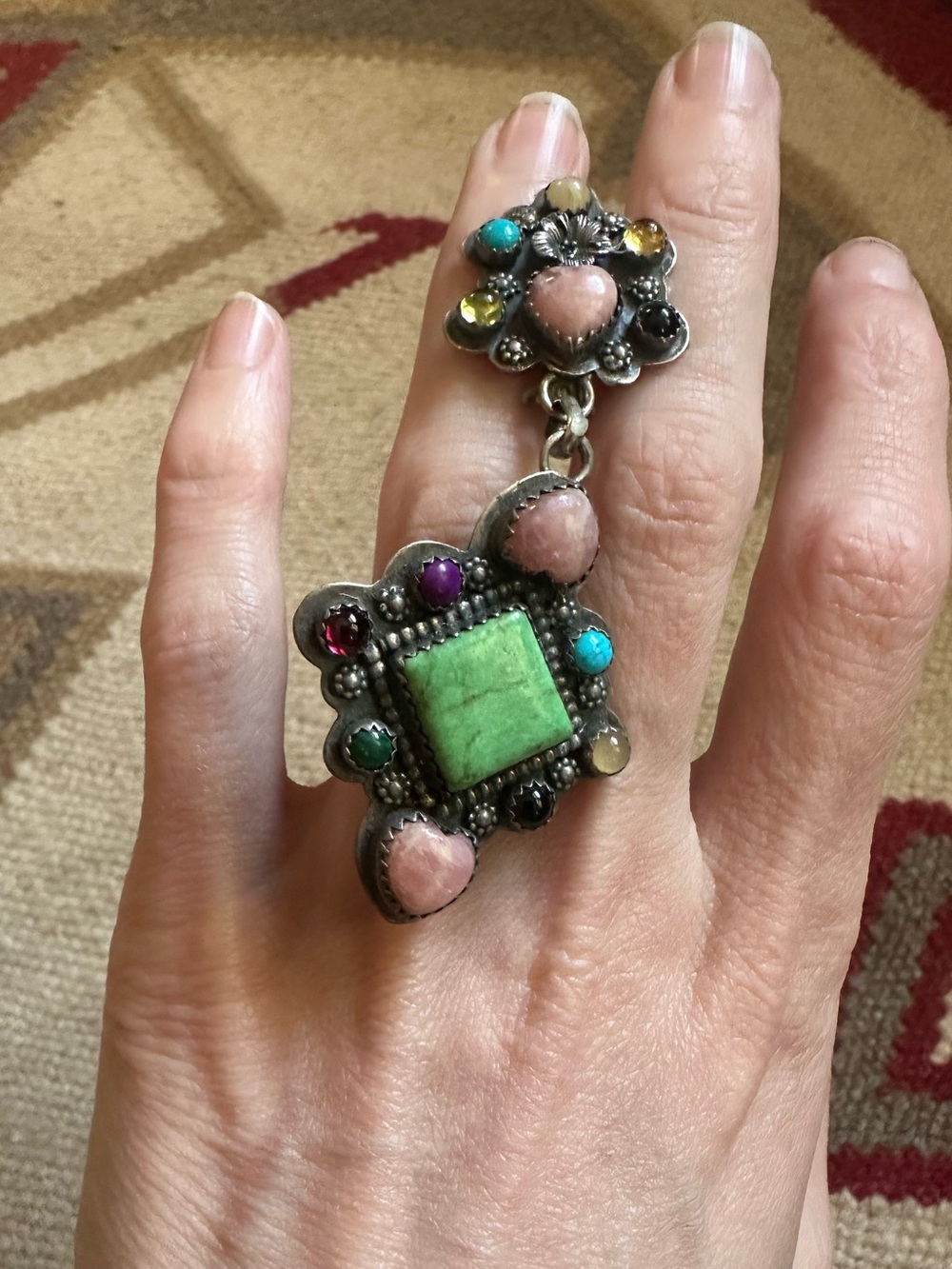 Vintage Native American Sterling Semi Precious Stones Dangle Statement Ring 5.5